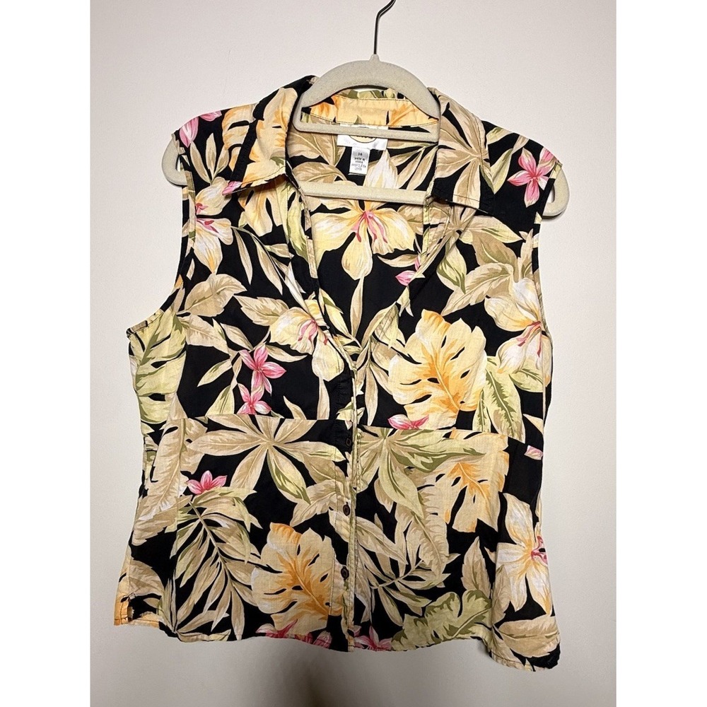 Talbots Size 14 Sleeveless Cotton Blouse Tropical Floral Hawaiian Print Buttons
